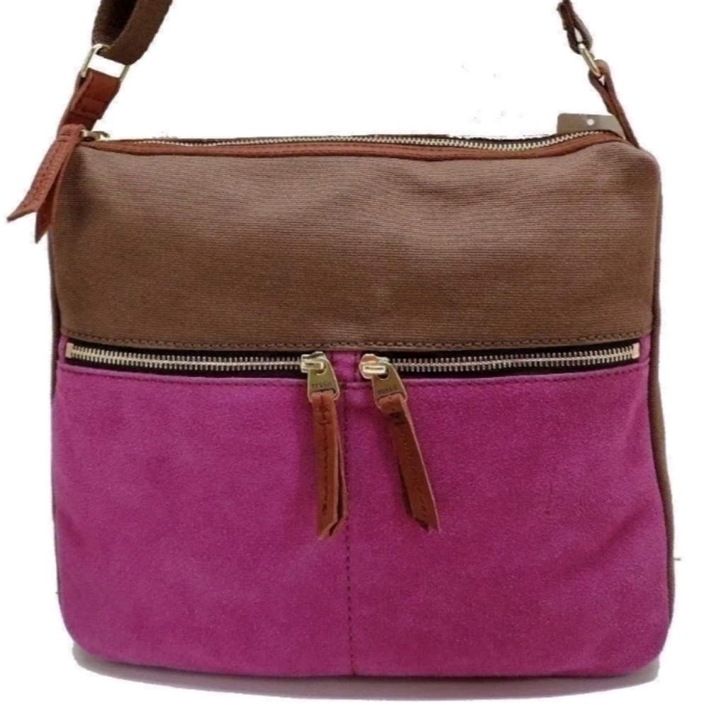Fossil Erin Canvas & Leather Crossbody Handbag Pink Brown Top Zip